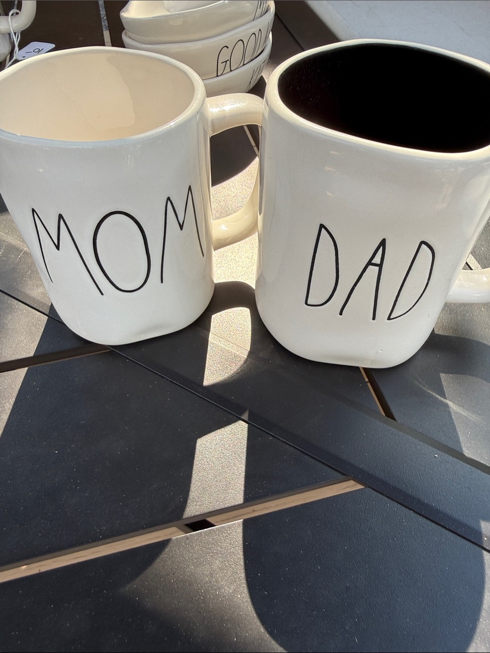 Rae Dunn Set of 'MOM' and 'DAD' Ceramic Mugs - White with Black Lettering
